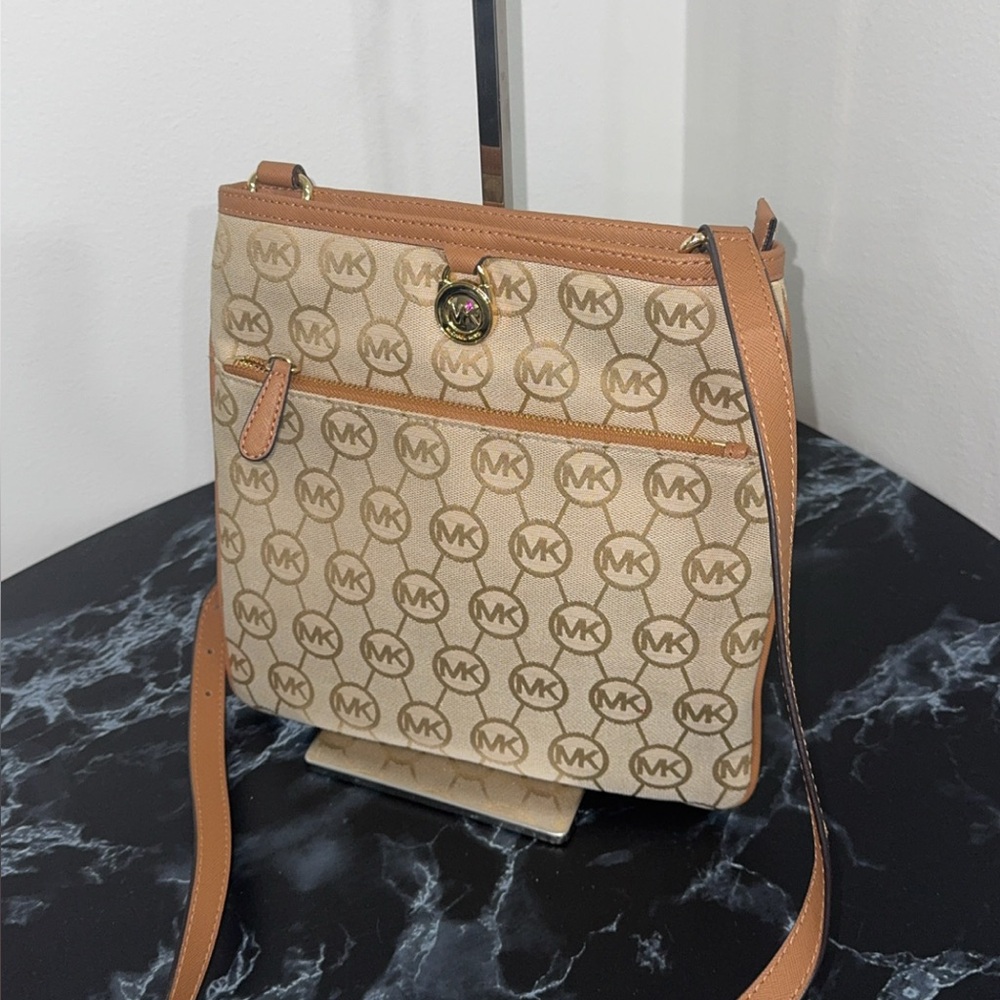 Michael Michael Kors Handbag Canvas Saffiano-Trim Crossbody Bag Tan AUTHENTIC